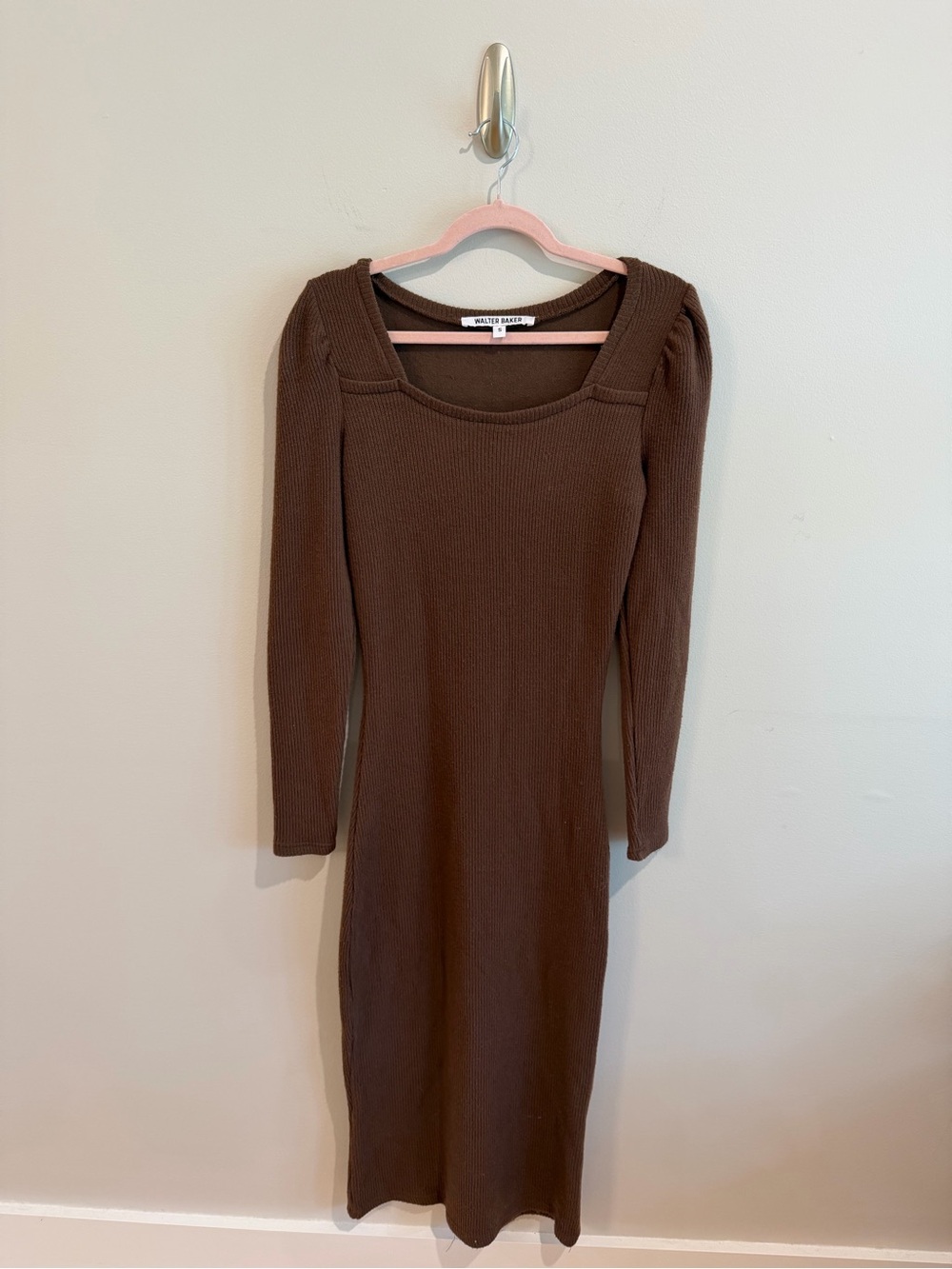 Walter Baker Square Neck Ribbed Knit Midi Dress in Brown